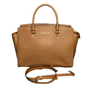 Michael Kors Selma Medium Satchel – Saffiano Leather Crossbody Strap Brown Acorn